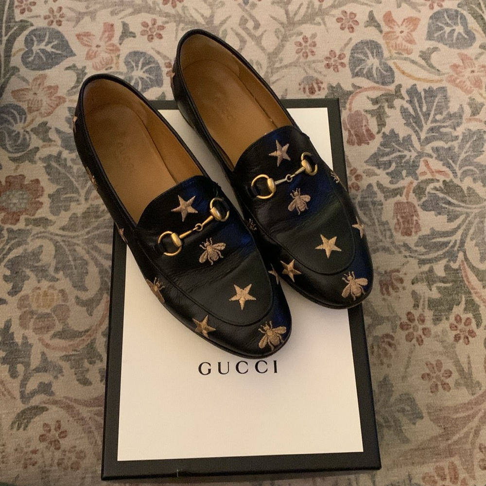 Gucci Black Jordaan Embroidered Bee and Horsebit Loafers Size 37 1/2